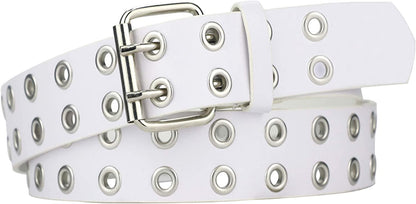 Grommet Leather Belts for Women, Black Belt Women Men with Double Studded Holes Apparel & Accessories > Clothing Accessories > Belts macoking White-double Holes Fit for waist up to 41" 
