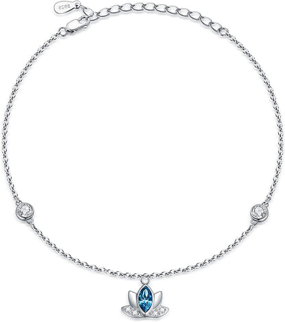 Lotus Anklets for Women Sterling Silver Ankle Bracelets with Blue Crystals 9''+2'' Apparel & Accessories > Jewelry > Anklets AOBOCO   