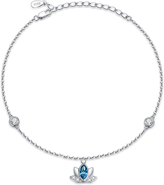Lotus Anklets for Women Sterling Silver Ankle Bracelets with Blue Crystals 9''+2'' Apparel & Accessories > Jewelry > Anklets AOBOCO   