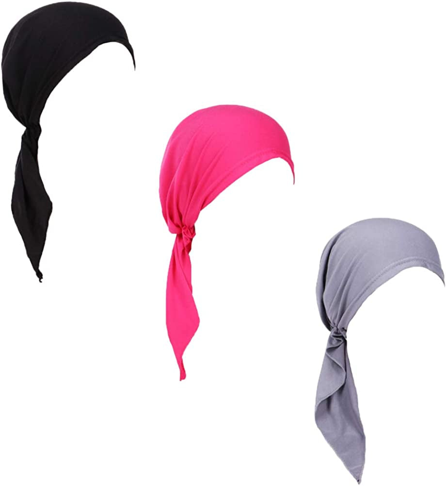 Pre Tied Chemo Head Scarf 3 Packed Beanie Skull Cover Cap for Women (Set6-Long Style) Apparel & Accessories > Clothing Accessories > Bandanas & Headties Qovelly D3-long Strap-3 Packed  