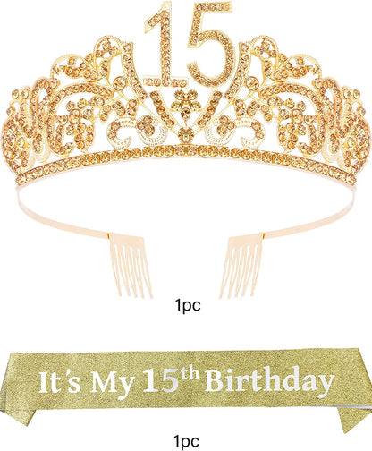 Verymerrymakering 15Th Birthday Sash and Tiara for Girls - Fabulous Set: Glitter Sash + Flowers Rhinestone Gold Premium Metal Tiara, 15Th Birthday Gifts for Teenegers Party Apparel & Accessories > Clothing Accessories > Sashes VeryMerryMakering   