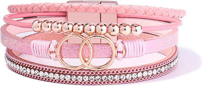 FANCY SHINY Boho Wrap Bracelets Leather Cuff Bangle Gold Beaded Bracelets for Women Stackable Infinity Bracelets Jewelry with Clasp Apparel & Accessories > Jewelry > Bracelets FANCY SHINY Pink  