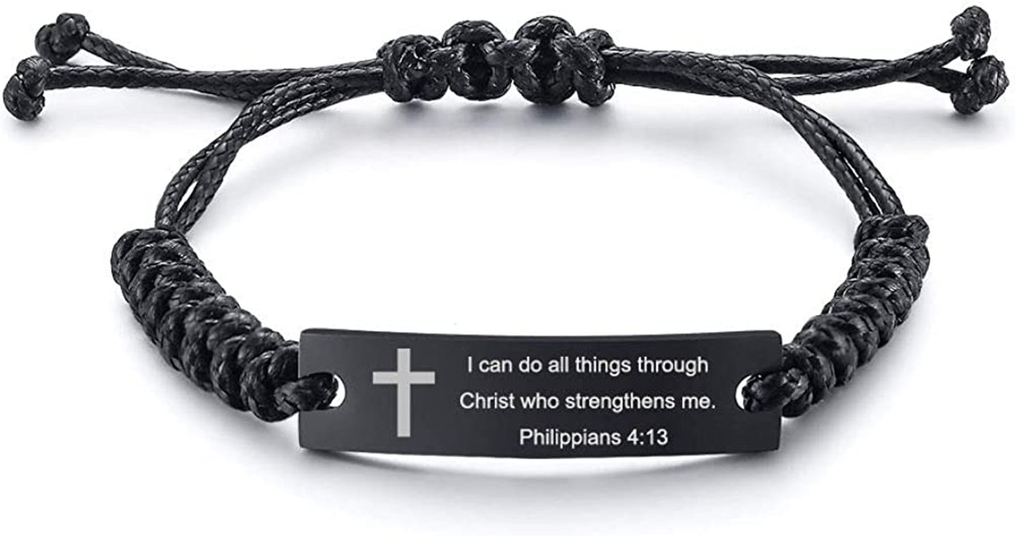 Personalized Unisex Religious Bible Verse Scripture Quotes Bracelet Faith Christian Adjustable Cord Stainless Steel Encourage Inspirational ID Bracelets for Men Women, Christmas Gift Customized Apparel & Accessories > Jewelry > Bracelets Mealguet I can do all things through christ...  