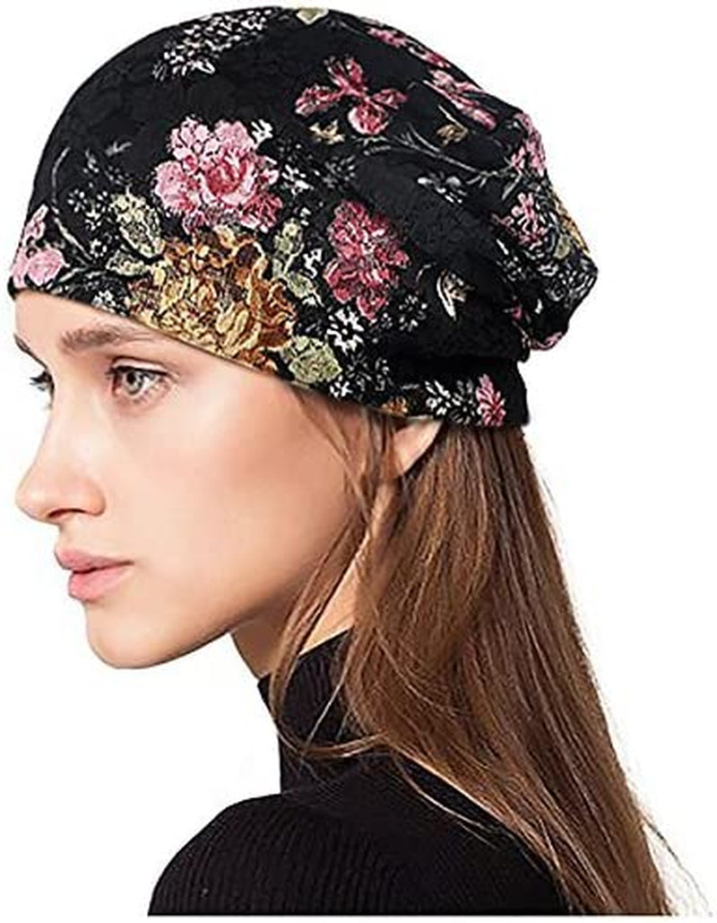 Glamorstar Floral Lace Beanie Hat Chemo Cap Stretch Slouchy Turban Headwear Apparel & Accessories > Clothing Accessories > Headwear Glamorstar Rose Black One Size 