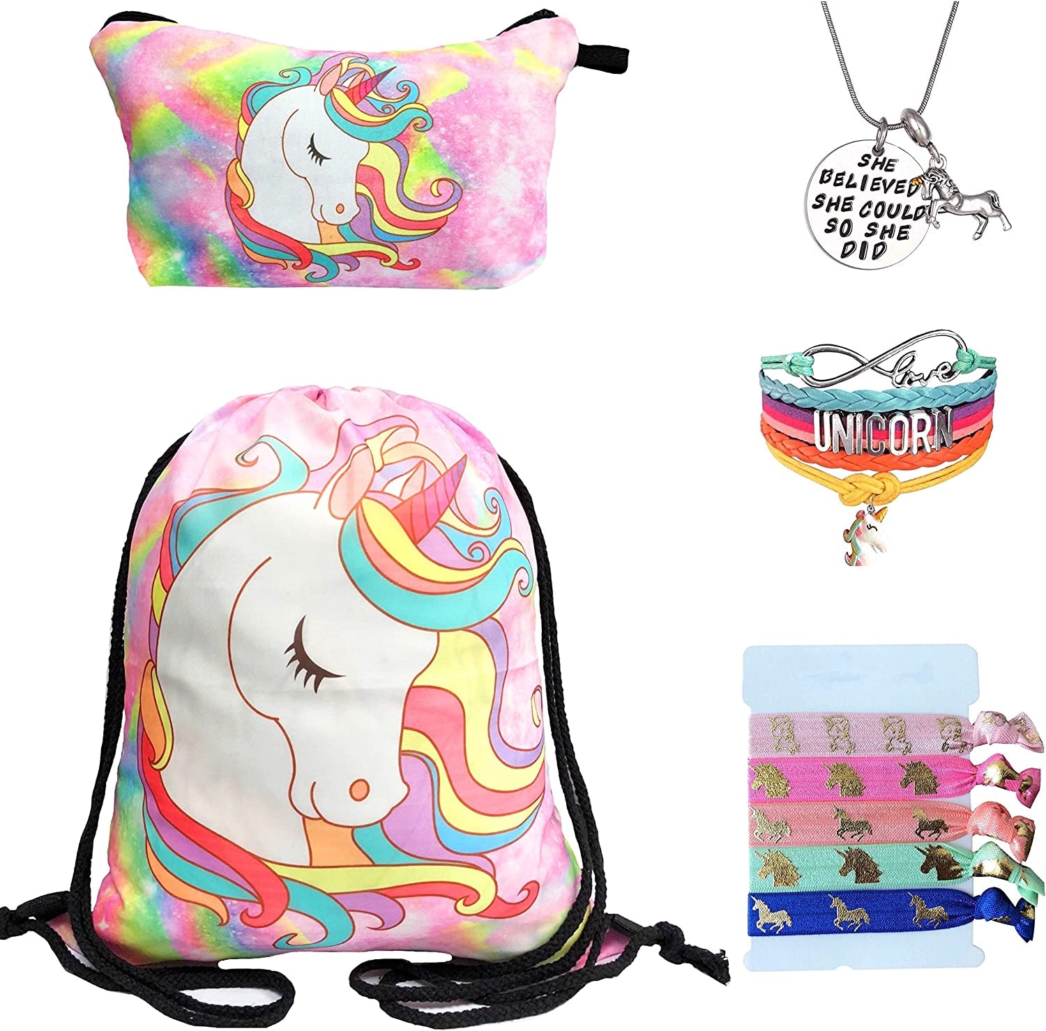 Unicorn Gifts for Girls - Unicorn Drawstring Backpack/Makeup Bag/Bracelet/Inspirational Necklace/Hair Ties (Flower Unicorn) Apparel & Accessories > Jewelry > Bracelets Doctor Unicorn Pink Unicorn Head  