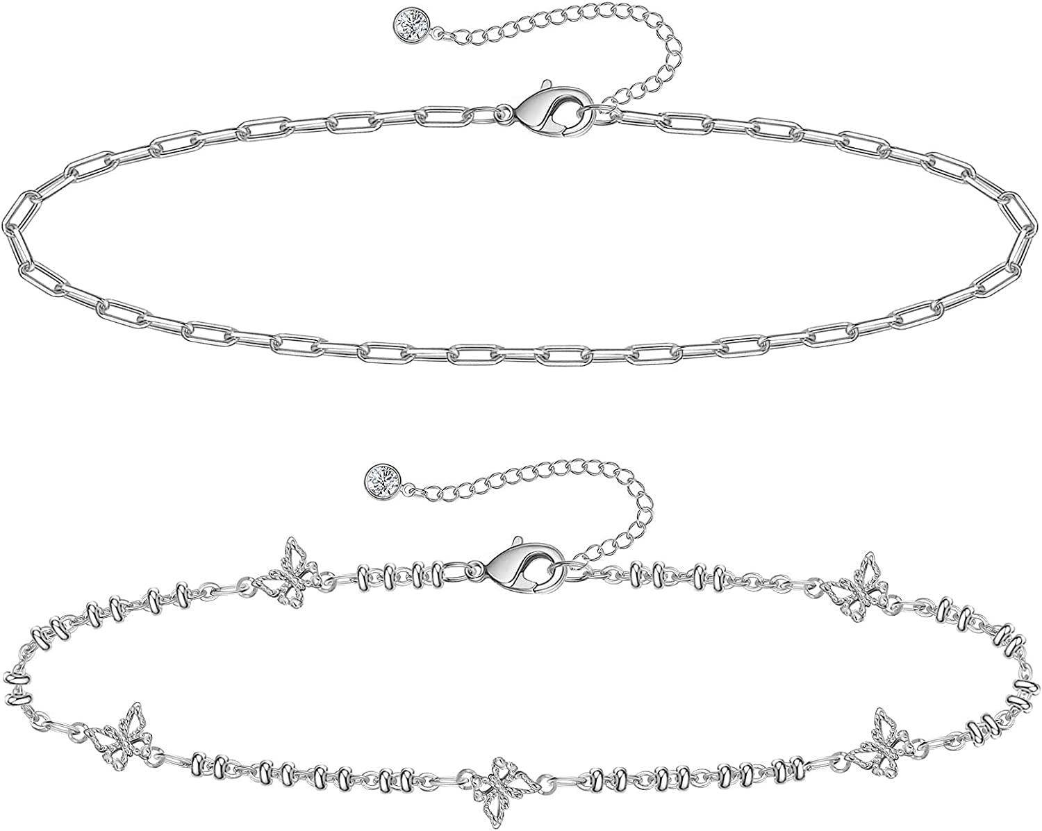 Gold Ankle Bracelets for Women 14K Gold Plated Anklet Silver Rose Gold Evil Eye Tennis Crystal Cubic Zirconia Faux Diamond Rhinestone Anklet Dainty Layered Anklet Set 3Pcs Apparel & Accessories > Jewelry > Anklets Vermeyen K-White Gold-Butterfly  
