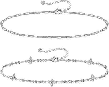 Gold Ankle Bracelets for Women 14K Gold Plated Anklet Silver Rose Gold Evil Eye Tennis Crystal Cubic Zirconia Faux Diamond Rhinestone Anklet Dainty Layered Anklet Set 3Pcs Apparel & Accessories > Jewelry > Anklets Vermeyen K-White Gold-Butterfly  