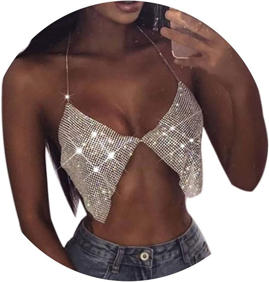 Jeweky Crystal Bra Chain Silver Sparkly Crop Top Body Chains Sexy Beach Nightclub Rave Bikini Chest Accessories Jewelry for Women and Girls Apparel & Accessories > Jewelry > Body Jewelry Artist Unknown   