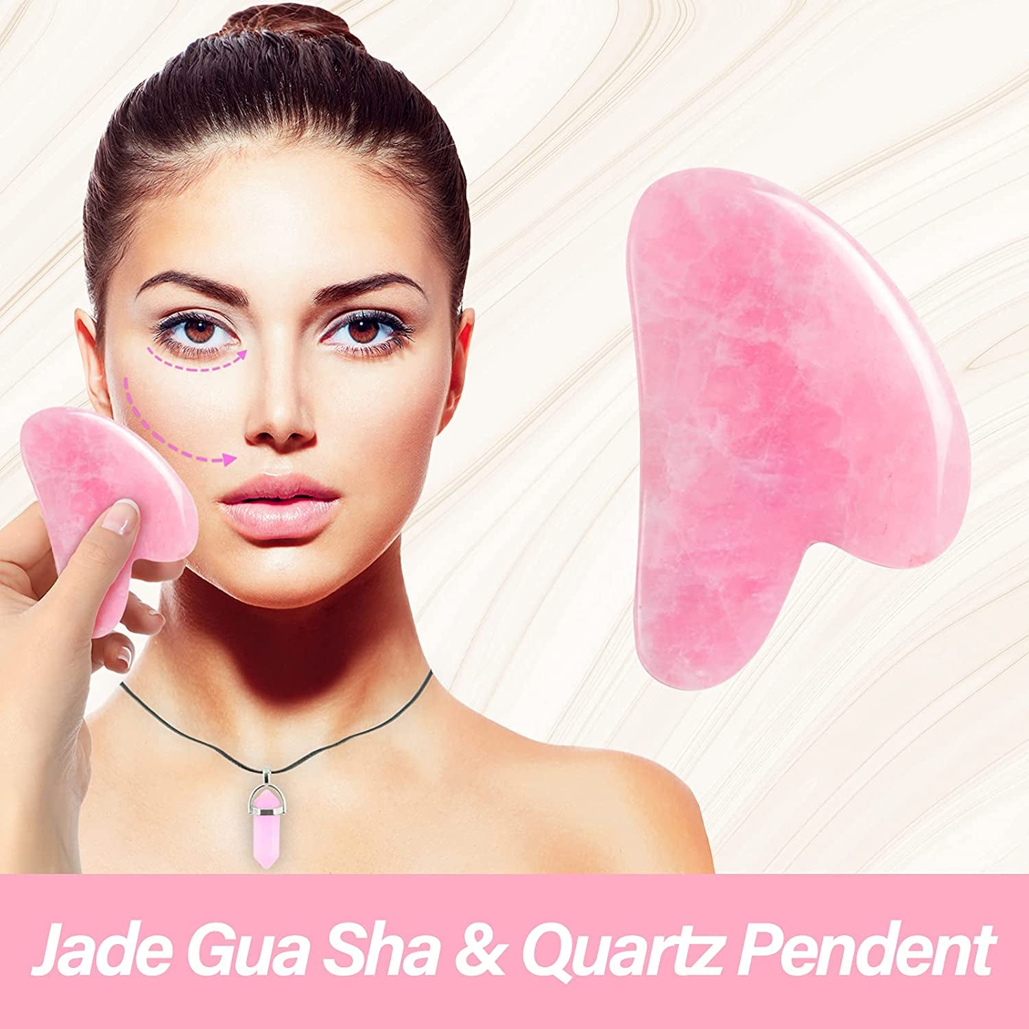 EYEKESHE Gua Sha Massage Tool with Quartz Pendent Necklace, Unique Gifts for Women, Natural Pink Jade Stone SPA Acupuncture Therapy Trigger Point Treatment, Rose Quartz Facial Scraping Tool Health & Beauty > Personal Care > Cosmetics > Cosmetic Tools > Skin Care Tools EYEKESHE   