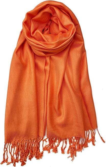 Plum Feathers Premium Solid Color and Metallic Fashion Scarf, Womens Pashmina Shawl Wrap with Fringes Apparel & Accessories > Clothing Accessories > Scarves & Shawls Plum Feathers Orange  