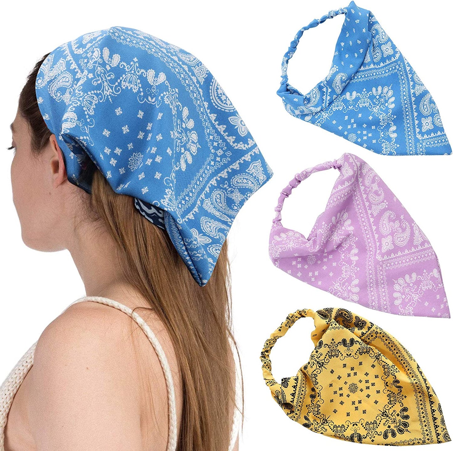 Floral Elastic Hair Scarf Headband - 3 PCS Chiffon Head Kerchief Headband Floral Hair Scarves with Hair Clips Hair Bandanas Apparel & Accessories > Clothing Accessories > Bandanas & Headties AWAYTR Paisley(Purple/Blue/Ginger)  