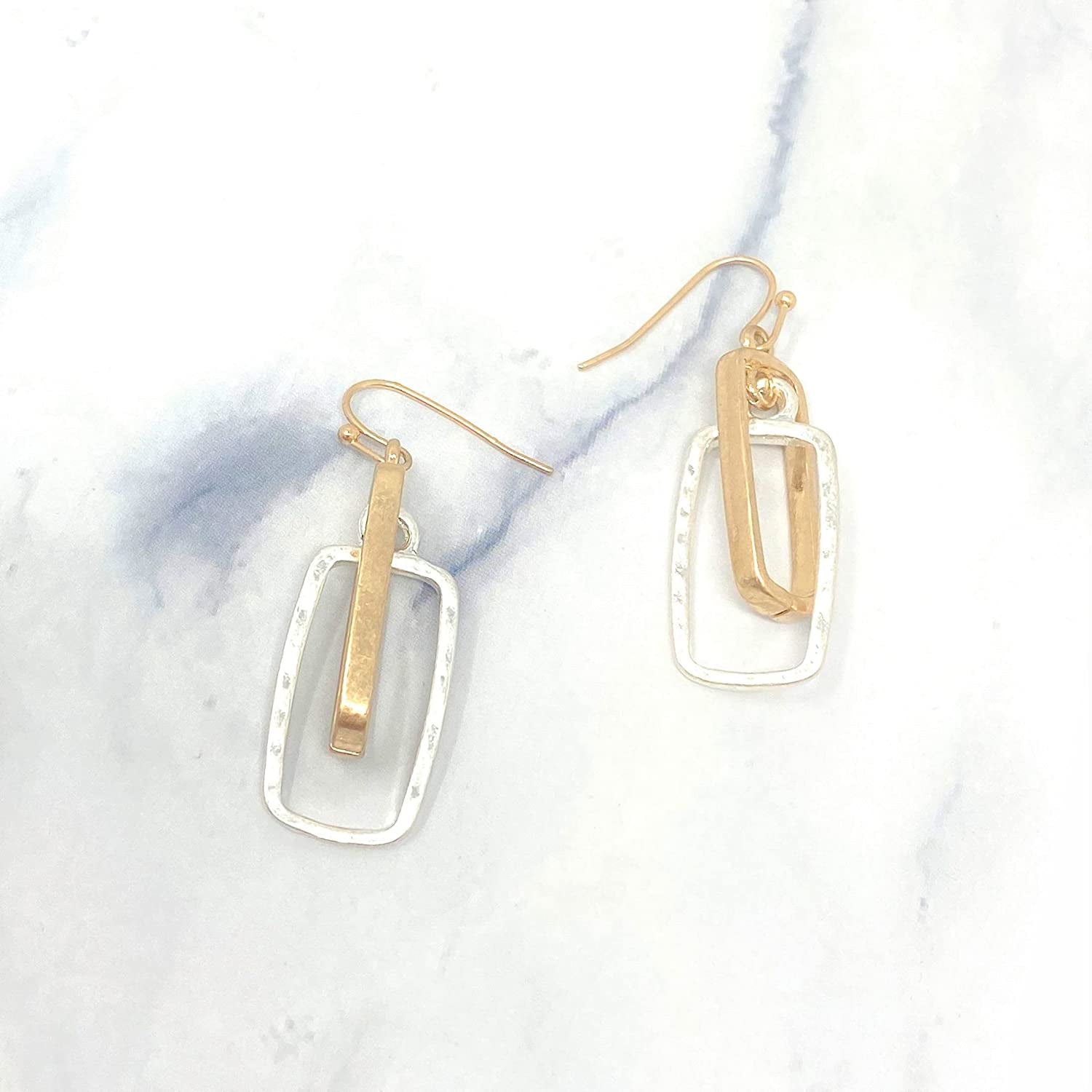 POMINA Lightweight Geometric Gold Silver Two Tone Hammered Dangle Drop Earrings Linked Circle Rectangle Oval Trendy Fashion Dangling Earrings for Women Apparel & Accessories > Jewelry > Earrings POMINA   