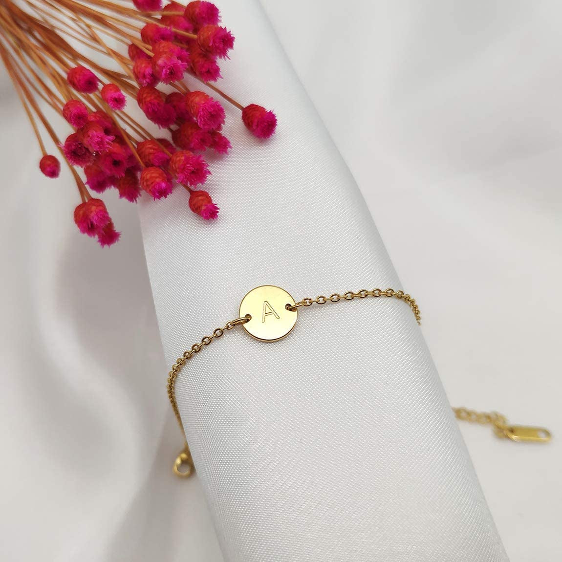 Glimmerst Personalized Initial Bracelet, 18K Gold Plated Stainless Steel Letter Bracelet Dainty Coin Charm Bracelet Delicate Disc Name Bracelet for Women Girls Apparel & Accessories > Jewelry > Bracelets Glimmerst   