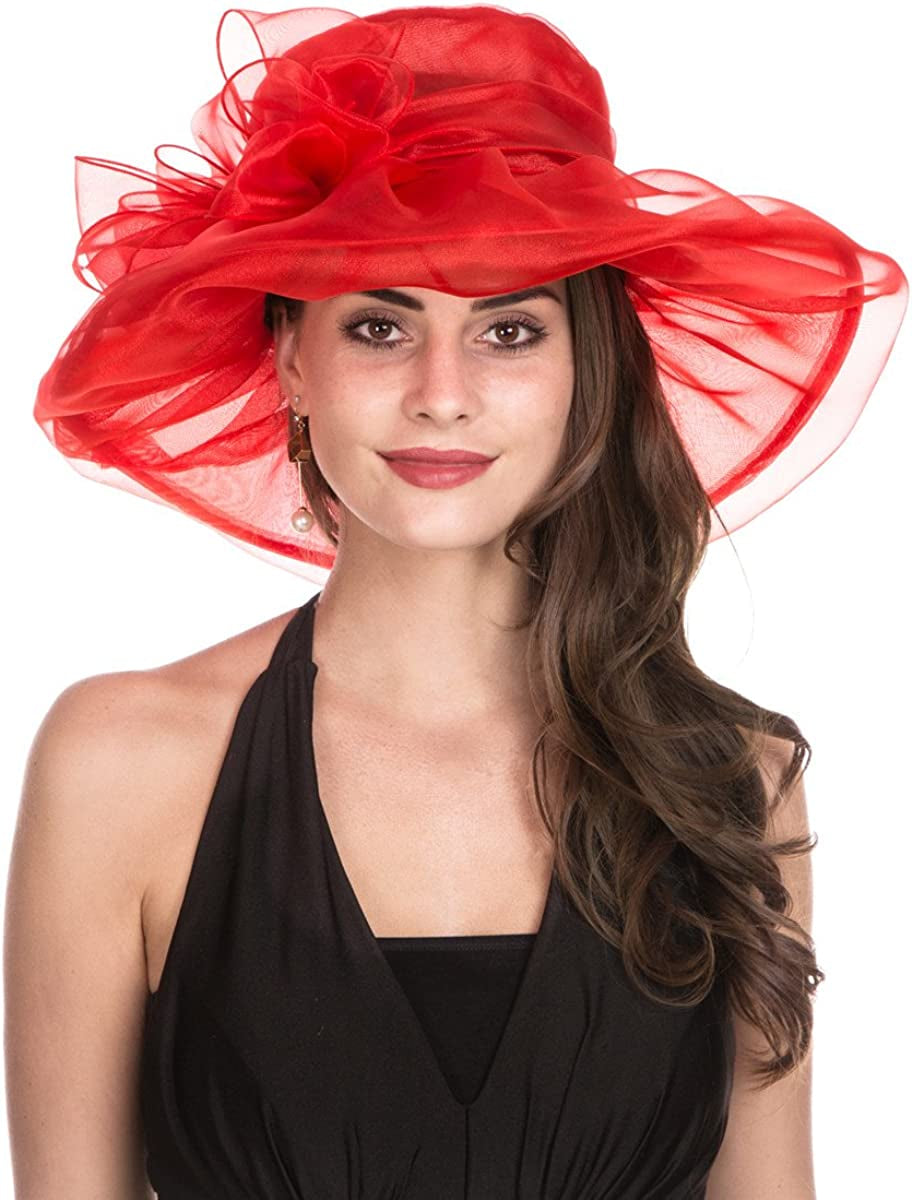 Lucky Leaf Women Kentucky Derby Church Cap Wide Brim Summer Sun Hat for Party Wedding Apparel & Accessories > Clothing Accessories > Headwear Lucky Leaf 1-red  