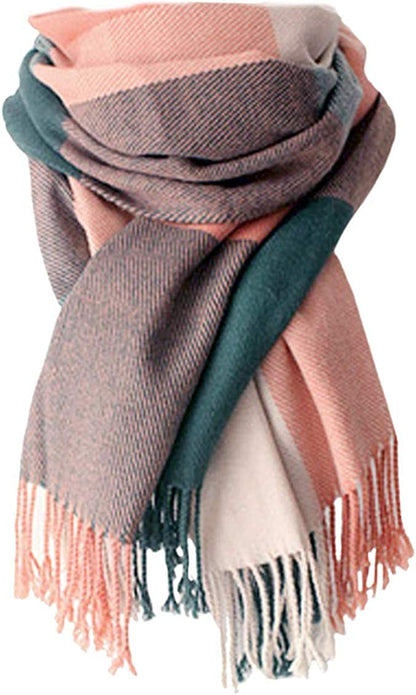 Women'S Long Plaid Blanket Chunky Oversized Winter/Fall Warm Scarf Big Tartan Scarves Wrap Shawl Apparel & Accessories > Clothing Accessories > Scarves & Shawls YSense Wear A-pink  