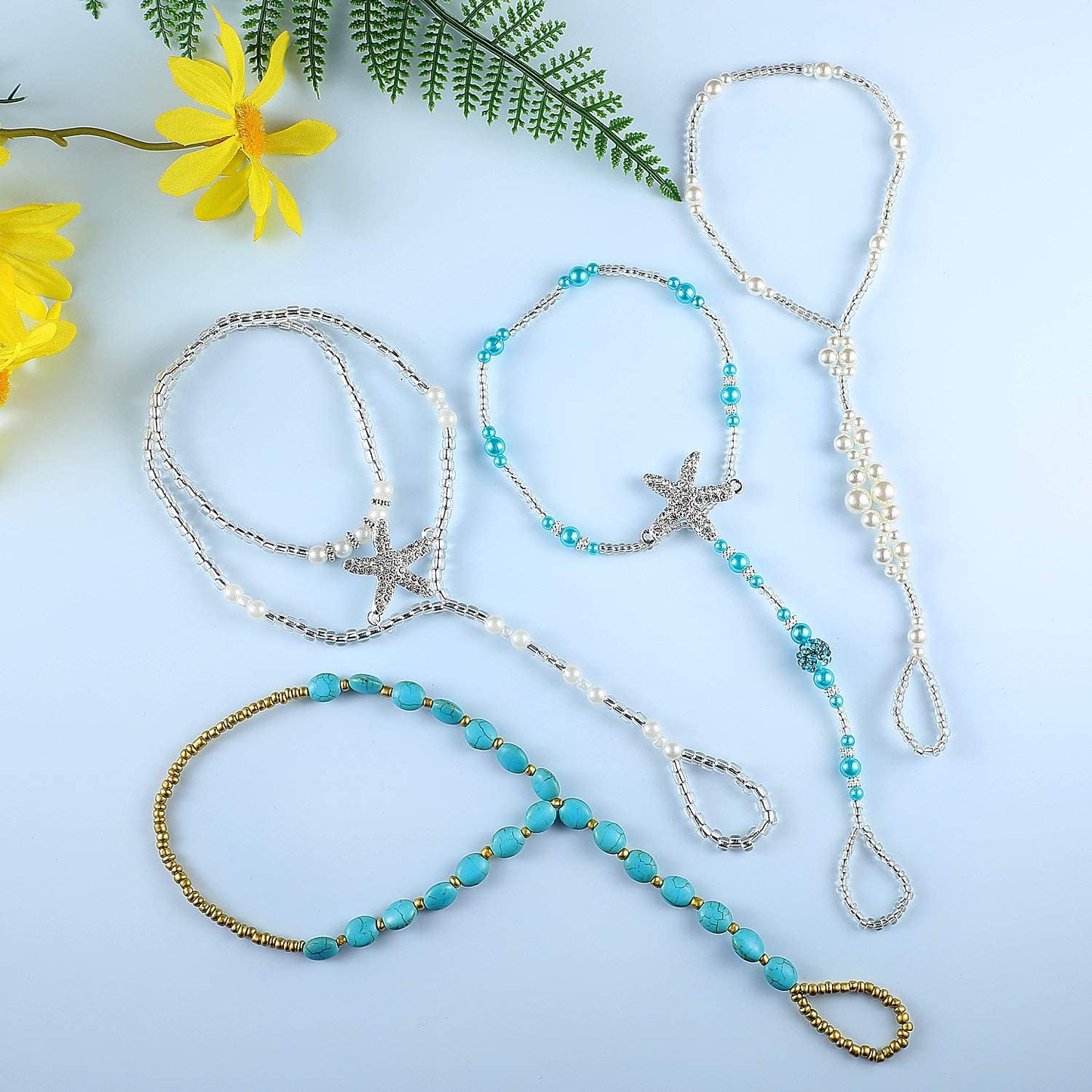Beach Barefoot Sandals Bohemia Anklet Sandals Starfish Ankle Chain Beaded Elastic Foot Jewelry for Women Lady (Style Set 2) Apparel & Accessories > Jewelry > Anklets Yaomiao   