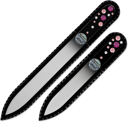 Gifts for Girlfriend - Mont Bleu Premium Set of 2 Glass Nail Files Hand Decorated with Crystals - Genuine Czech Tempered Glass - Nail Supplies - Crystal Nail Files for Manicure Tool Kit Health & Beauty > Personal Care > Cosmetics > Cosmetic Tools > Nail Tools Mont Bleu Fuchsia - Light Rose  