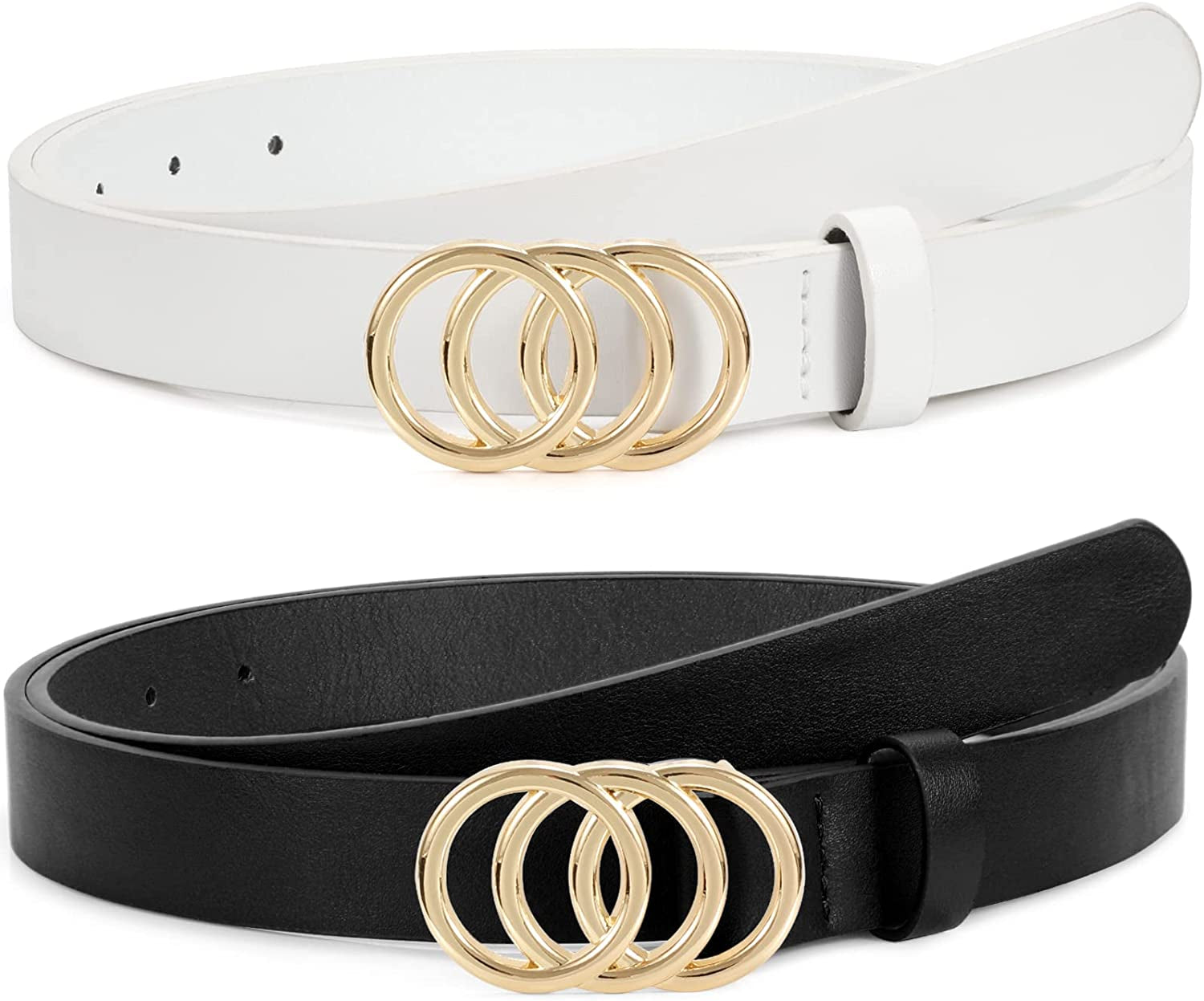 Double Ring Leather Belts for Women SANSTHS O-Style Gold Buckle Skinny Dress Belt 0.86 Inch Width for Jeans Pants Apparel & Accessories > Clothing Accessories > Belts SANSTHS G-gold Buckle Black + Gold Buckle White Fit Pants Size 19-25Inch 
