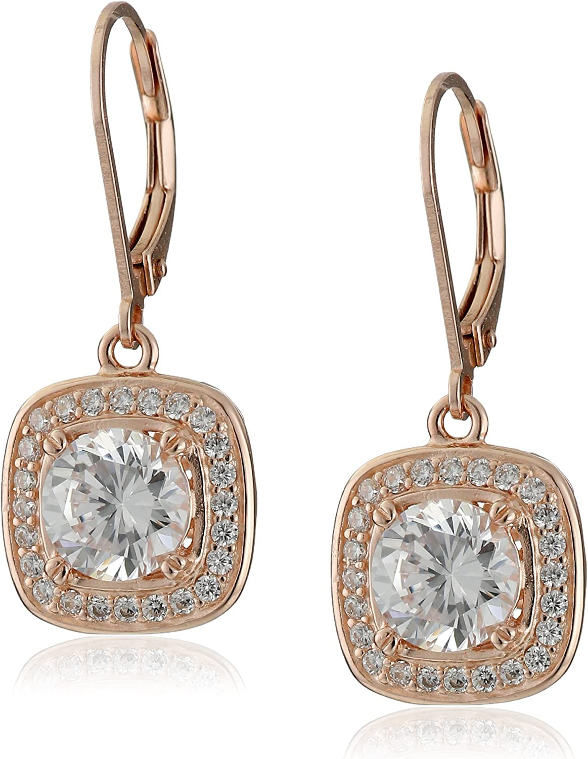 Collection Sterling Silver Cubic Zirconia Round-Cut Halo Drop Leverback Earrings (3 Cttw) Apparel & Accessories > Jewelry > Earrings Amazon Collection Rose  
