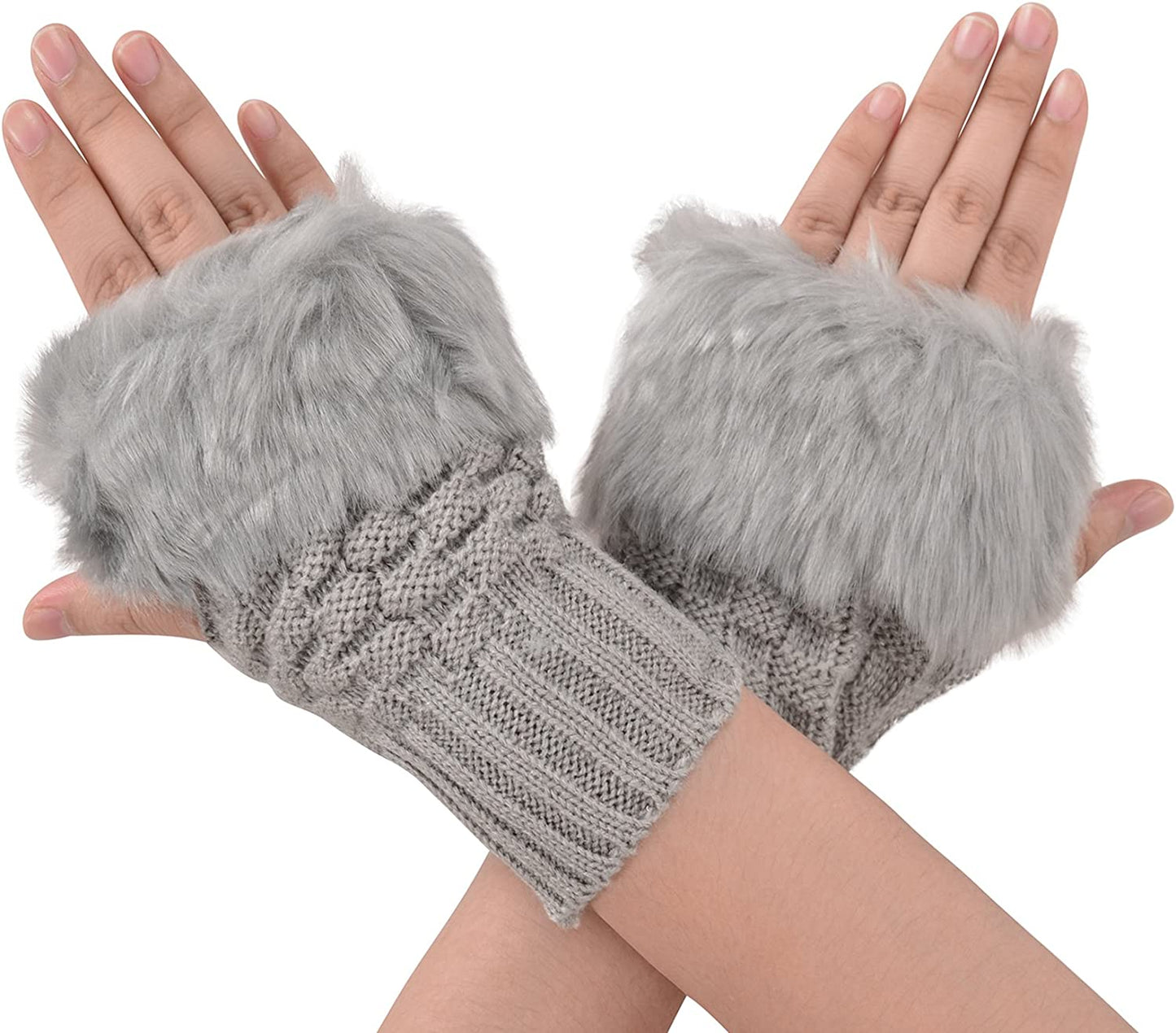Simplicity Women'S Winter Faux Fur Knit Fingerless Hand Warmer Mitten Gloves Apparel & Accessories > Clothing Accessories > Gloves & Mittens Simplicity Light Grey  