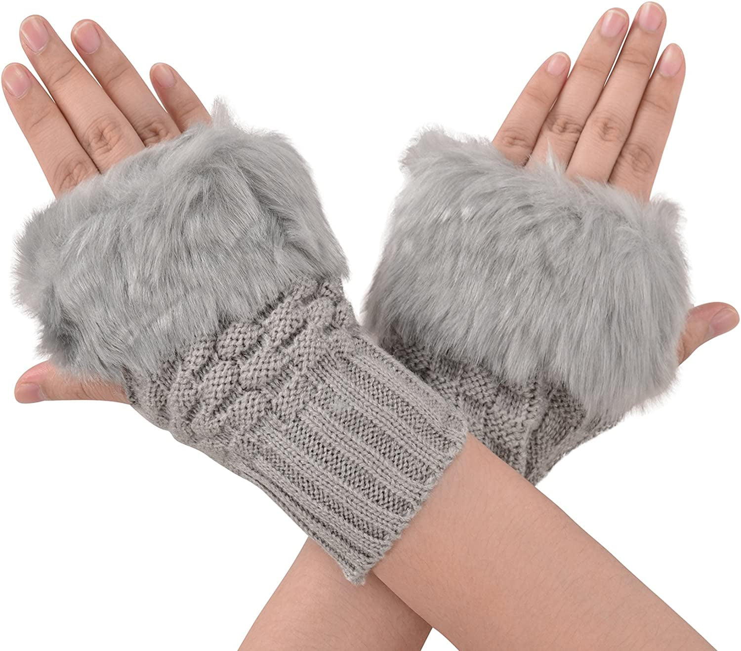 Simplicity Women'S Winter Faux Fur Knit Fingerless Hand Warmer Mitten Gloves Apparel & Accessories > Clothing Accessories > Gloves & Mittens Simplicity Light Grey  