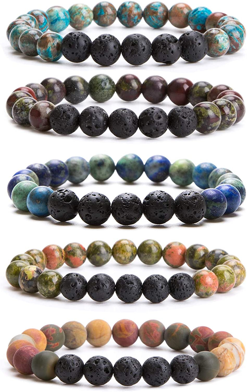 Bivei Natural Gem Semi Precious Reiki Healing Crystals Handmade 8Mm round Beads Stretch Bracelet Apparel & Accessories > Jewelry > Bracelets Bivei 5PCS SET(Blue Lace Agate+Dragon's Blood Stone+Epidote+Frosted Phoenix Blue Gold+Frosted Color Picasso with lava stone)  