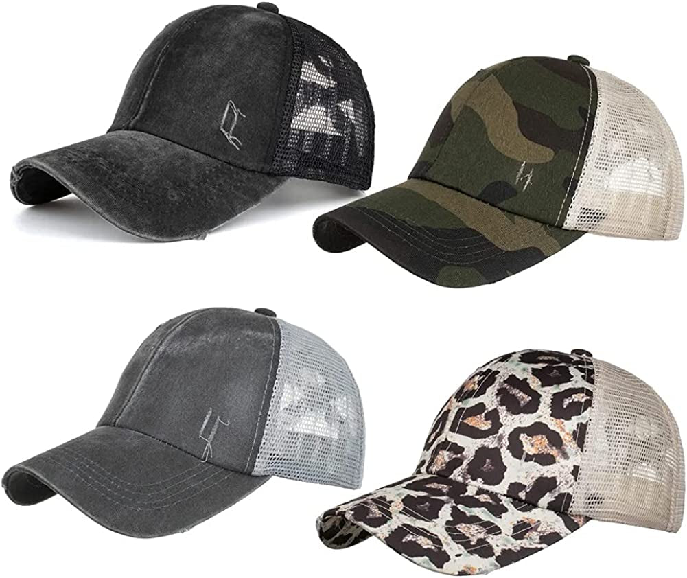 Criss Cross Ponytail Hat Washed Distressed Women Mesh Baseball Caps Messy Bun Ponycaps Apparel & Accessories > Clothing Accessories > Hats Didida A(random 4 Color)  