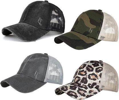 Criss Cross Ponytail Hat Washed Distressed Women Mesh Baseball Caps Messy Bun Ponycaps Apparel & Accessories > Clothing Accessories > Hats Didida A(random 4 Color)  