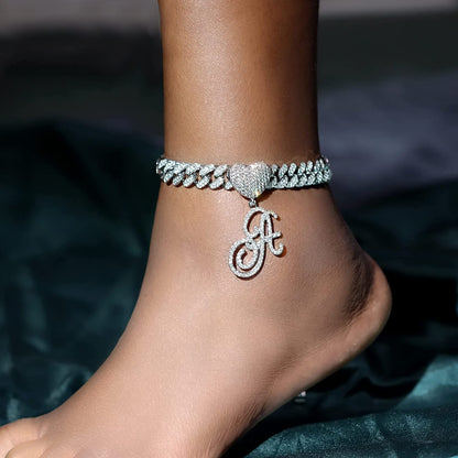 KKJTDS 13Mm Silver Cuban Link Anklets for Women Cursive Pendant Miami Cuban Link Chain Ankle Bracelets for Women Hip Hop Iced Out Letter Chain Anklet Apparel & Accessories > Jewelry > Anklets KKJTDS   