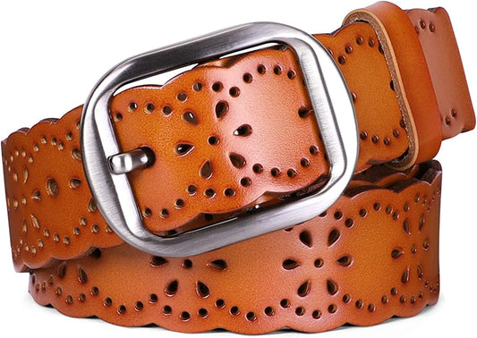 JASGOOD Women’S Hollow Flower Leather Belt for Jeans Pants Wide Belt for Ladies Apparel & Accessories > Clothing Accessories > Belts KYLIE MAX C-orange Suitable for waist size 25-34" 