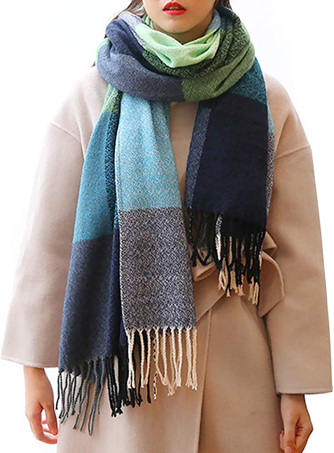 Loritta Womens Scarf Fashion Long Plaid Shawls Wraps Big Grid Winter Warm Lattice Large Scarves Gifts Apparel & Accessories > Clothing Accessories > Scarves & Shawls Loritta J-green Water Blue Plaid  