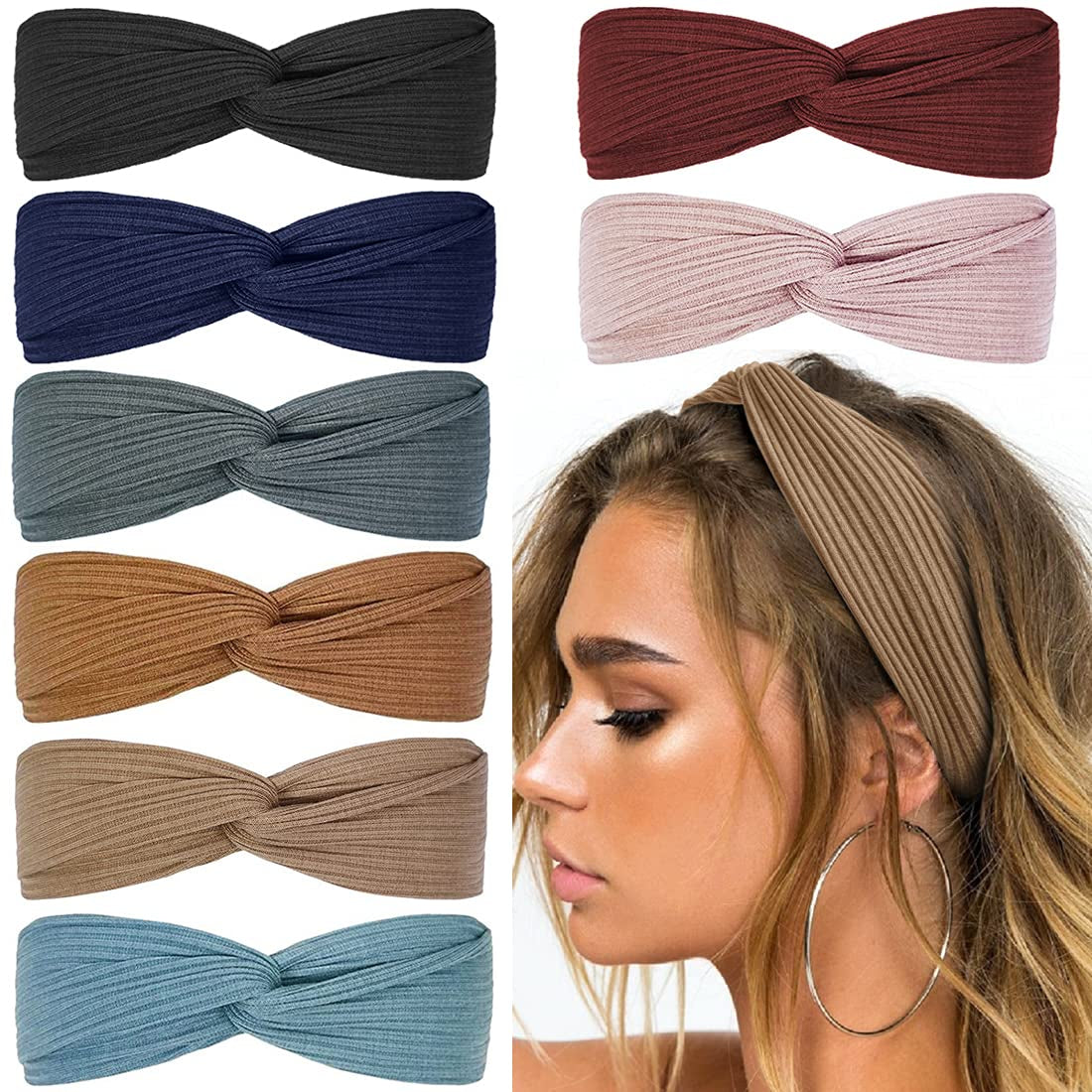Huachi Headbands for Women Twist Knotted Boho Stretchy Hair Bands for Girls Criss Cross Turban Plain Headwrap Yoga Workout Vintage Hair Accessories, Solid Color, 8Pcs Apparel & Accessories > Clothing Accessories > Bandanas & Headties Huachi Winter Wonderland  