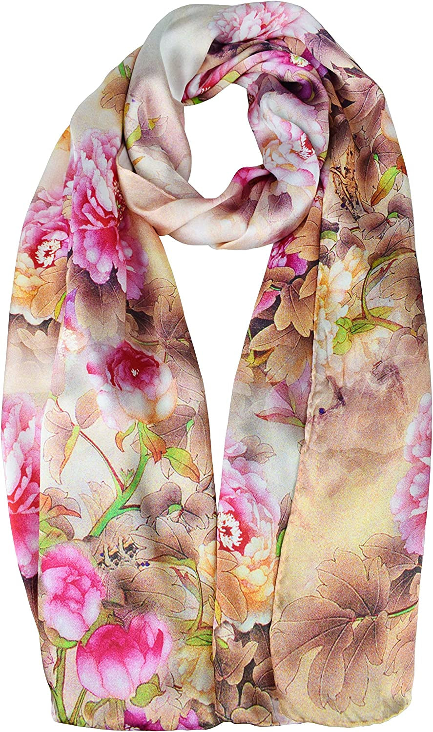 ELEGNA Women'S 100% Silk Flower Painting Long Scarf Shawl Hand Rolled Edge Apparel & Accessories > Clothing Accessories > Scarves & Shawls Elegna Pink Peony  