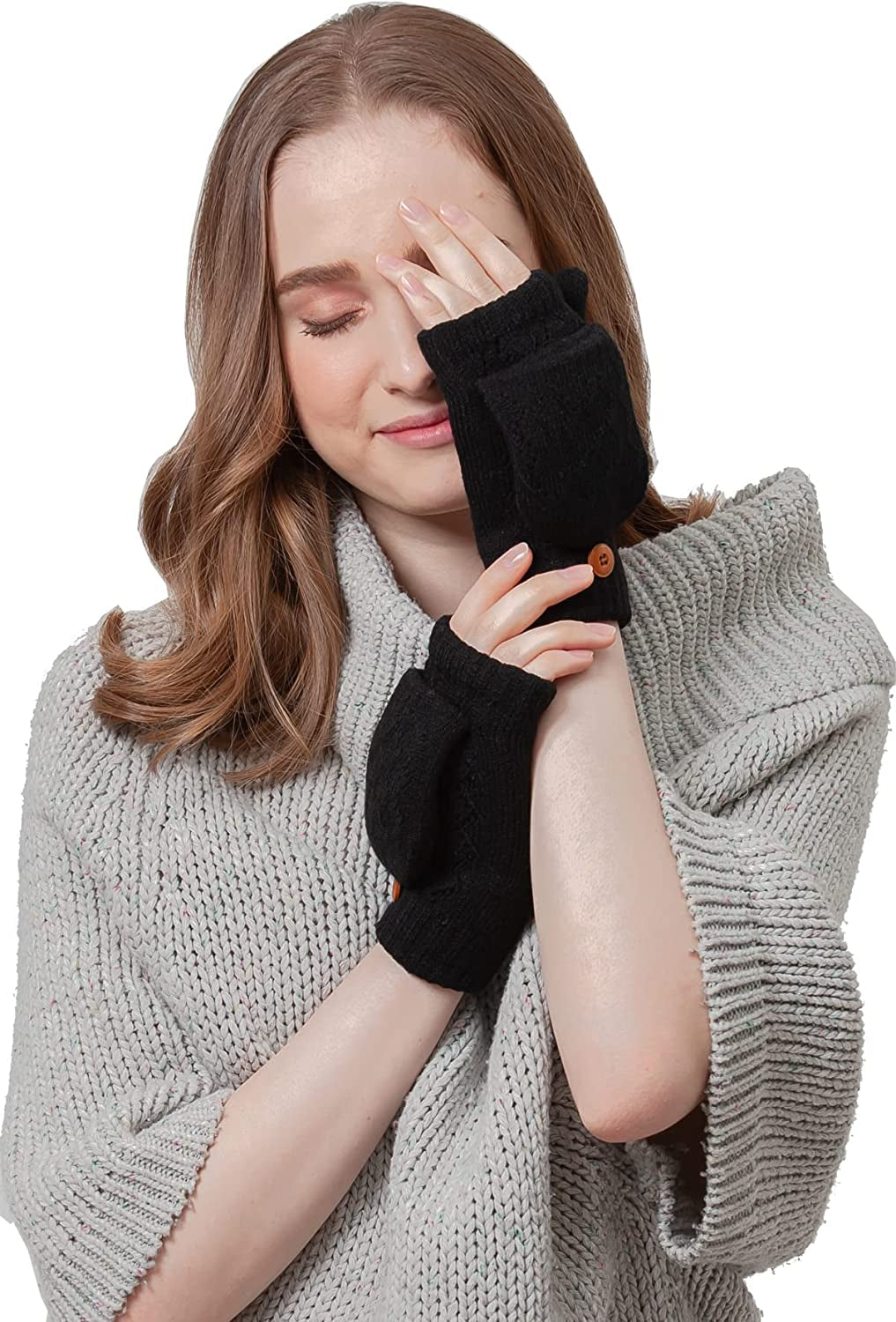 BYOS Women'S Winter Cozy Diamond Pattern Fleece Lined Flip Top Convertible Knit Gloves Mittens Apparel & Accessories > Clothing Accessories > Gloves & Mittens Be Your Own Style Black  