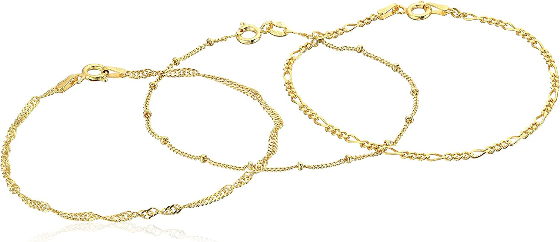 Collection .925 Sterling Silver Figaro, Bead Station and Singapore Chain Bracelet Set Size 7 Apparel & Accessories > Jewelry > Bracelets Amazon Collection Yellow Gold Plated Sterling Silver  