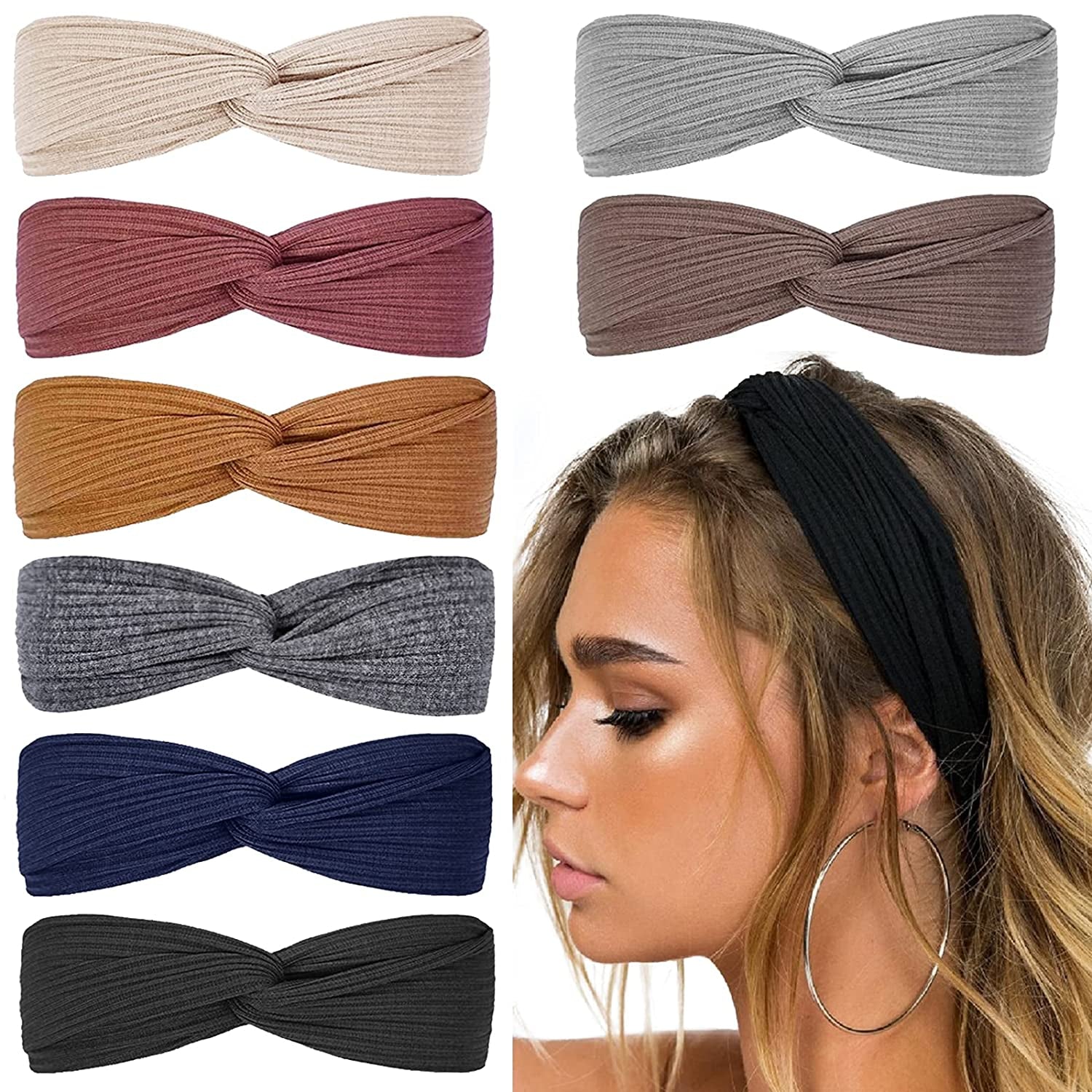 Huachi Headbands for Women Twist Knotted Boho Stretchy Hair Bands for Girls Criss Cross Turban Plain Headwrap Yoga Workout Vintage Hair Accessories, Solid Color, 8Pcs Apparel & Accessories > Clothing Accessories > Bandanas & Headties Huachi Fashion Leader  