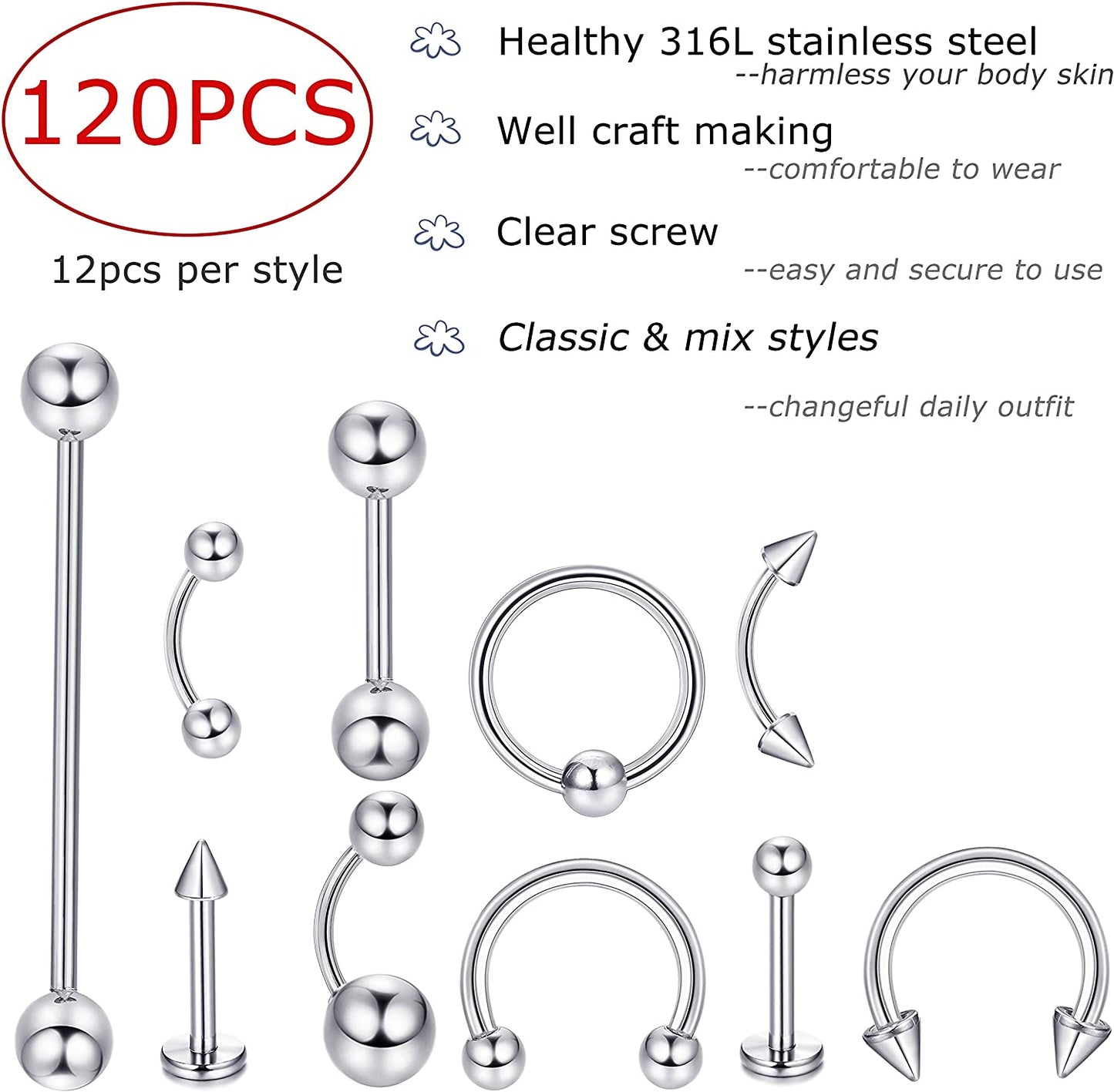 Jstyle 120Pcs Body Jewelry Piercing Lot Stainless Steel Nose Horseshoe Lip Tongue Eyebrow Tragus Body Piercing Navel Belly Ring Barbells 14G-16G Apparel & Accessories > Jewelry > Rings Jstyle   