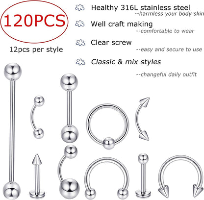 Jstyle 120Pcs Body Jewelry Piercing Lot Stainless Steel Nose Horseshoe Lip Tongue Eyebrow Tragus Body Piercing Navel Belly Ring Barbells 14G-16G Apparel & Accessories > Jewelry > Rings Jstyle   