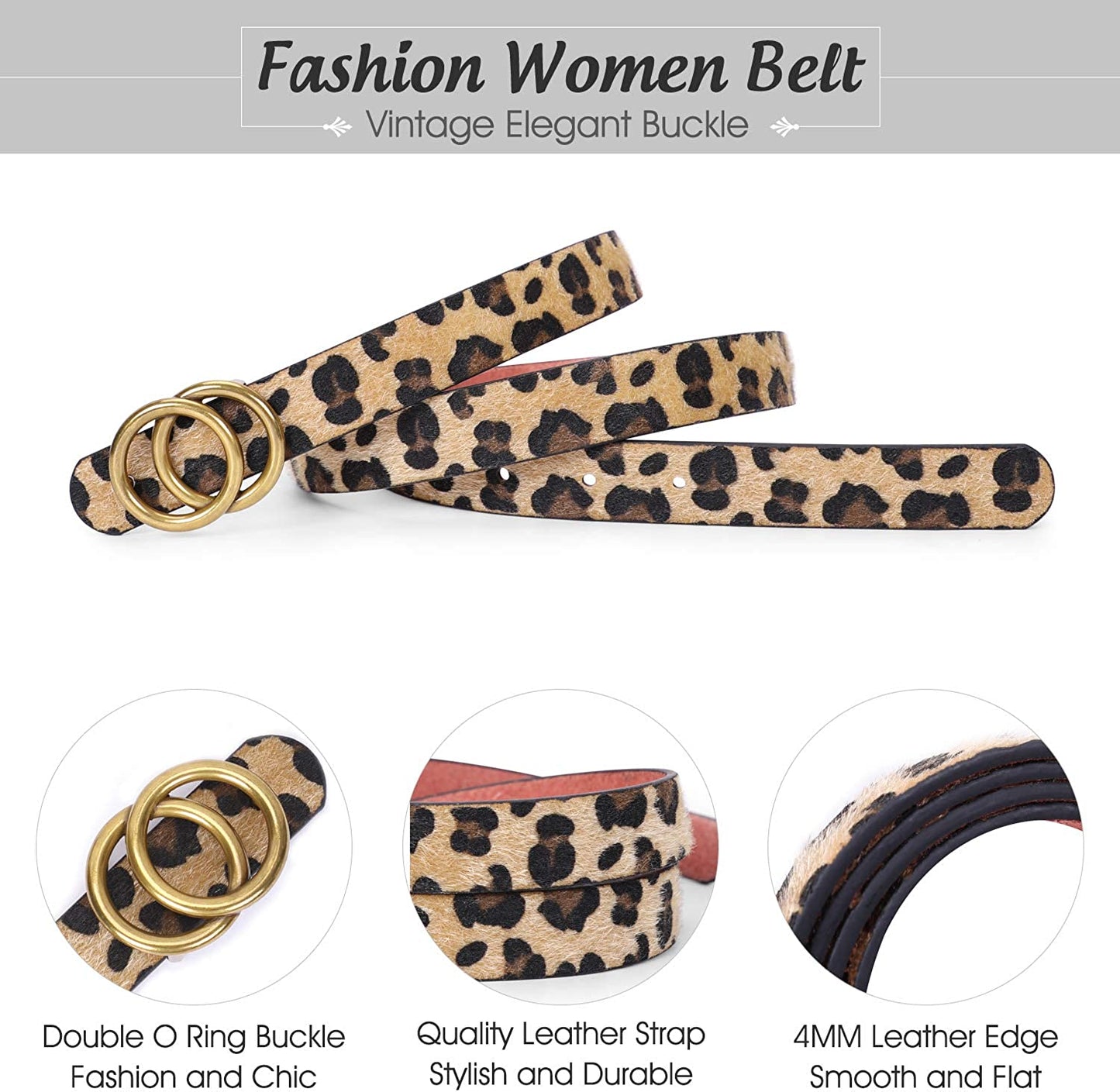 Double Ring Leather Belts for Women SANSTHS O-Style Gold Buckle Skinny Dress Belt 0.86 Inch Width for Jeans Pants Apparel & Accessories > Clothing Accessories > Belts SANSTHS   