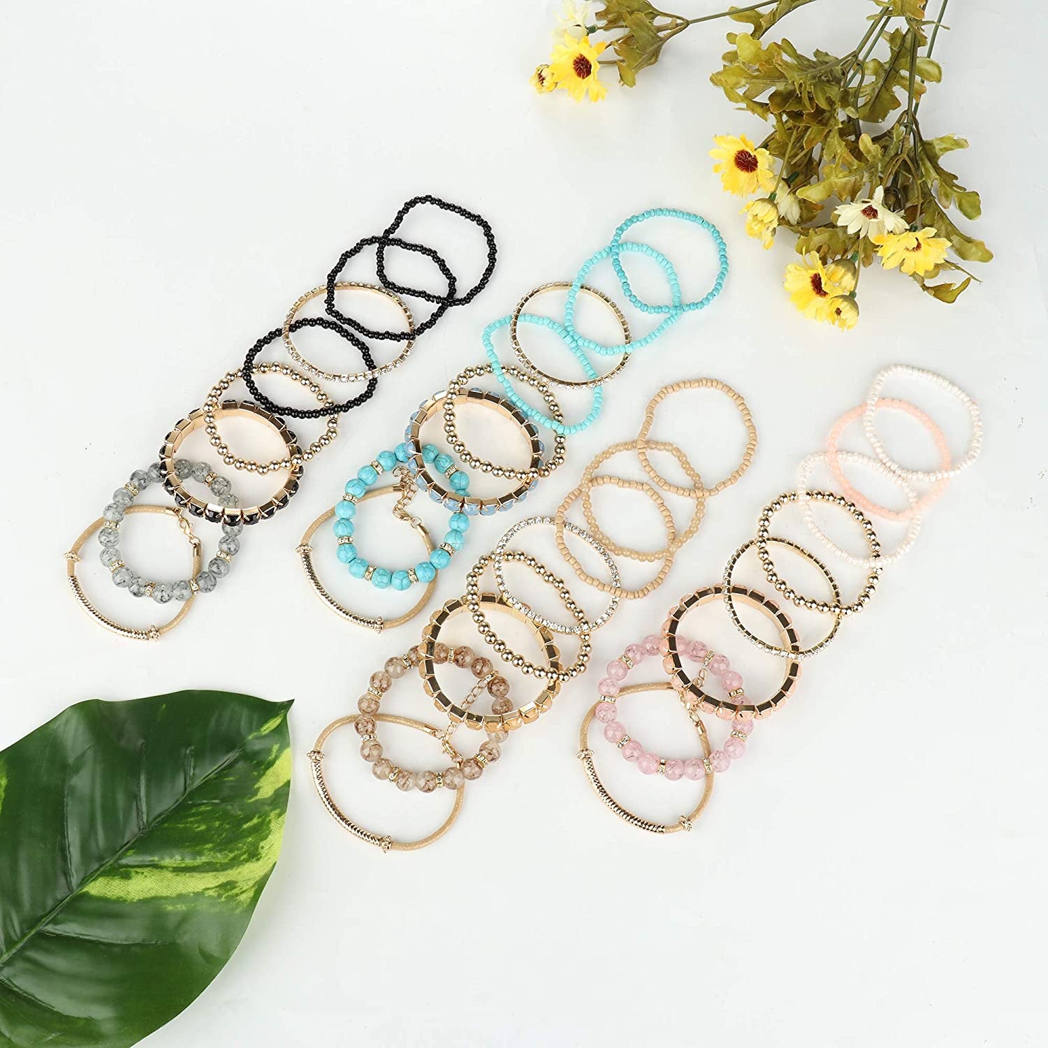 SAILIMUE 4-6 Sets Bohemian Stackable Bead Bracelets for Women Multicolor Stretch Beaded Bracelets Layered Bead Adjustable Bracelet Pink Black Turquoise Stretch Bracelets Apparel & Accessories > Jewelry > Bracelets sailimue   