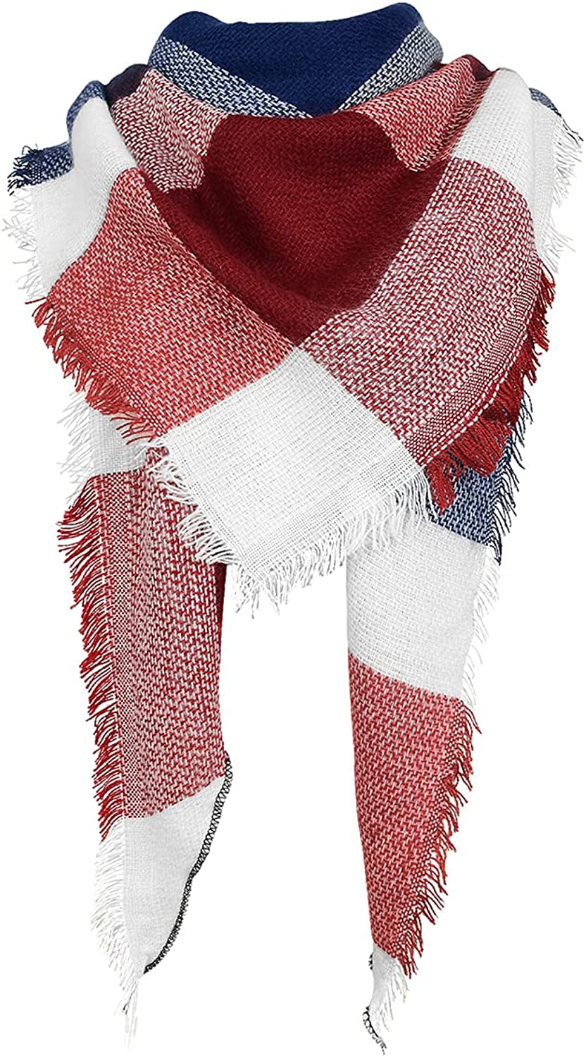 Century Star Women'S Stylish Warm Tassels Soft Plaid Tartan Scarf Winter Large Blanket Wrap Shawl Apparel & Accessories > Clothing Accessories > Scarves & Shawls Century Star Z Triangle Wine Red & Blue One Size 