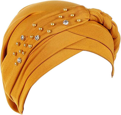 Women Girls Turban Hat, Rhinestone Pearl Braid Turban Head Wrap Baggy Slouchy Beanie Chemo Cap Headwear Hair Wrap Apparel & Accessories > Clothing Accessories > Headwear canjoyn Yellow  