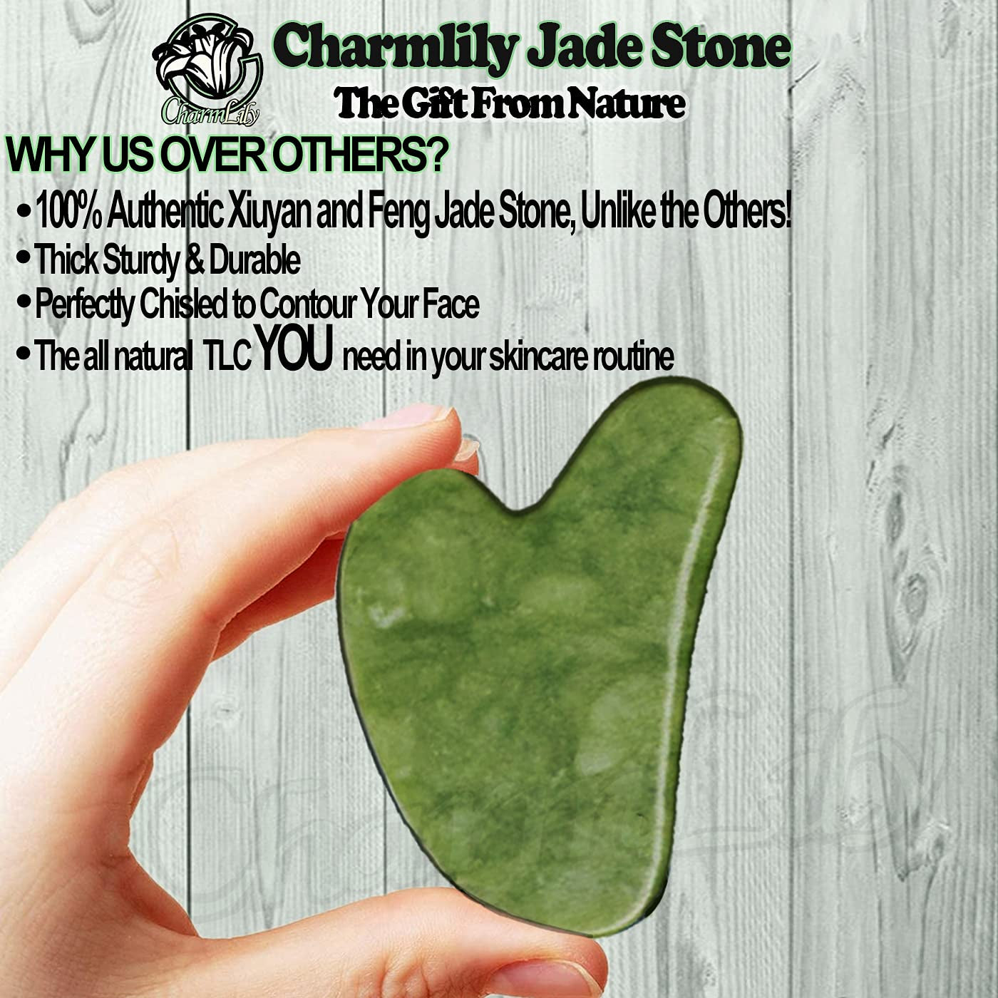Jade Gua Sha Massage Tool by Charmlily - for Face, Neck & Body - Reduce Wrinkles, Puffy Eyes - 100% Real Natural Facial Scrapper Jade Stone Board Health & Beauty > Personal Care > Cosmetics > Cosmetic Tools > Skin Care Tools CHARMLILY   