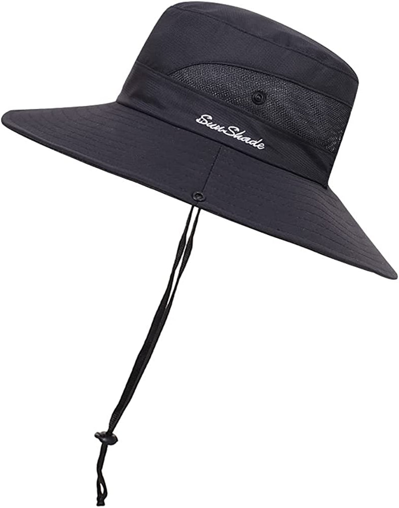 ROYAL MATRIX Womens Ponytail Sun Hats Outdoor Bucket Hat UV Protection Fishing Hats Wide Brim Windproof Foldable Beach Hat Apparel & Accessories > Clothing Accessories > Hats ROYAL MATRIX Pure Black  