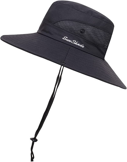 ROYAL MATRIX Womens Ponytail Sun Hats Outdoor Bucket Hat UV Protection Fishing Hats Wide Brim Windproof Foldable Beach Hat Apparel & Accessories > Clothing Accessories > Hats ROYAL MATRIX Pure Black  