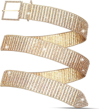 Women Rhinestone Belt Wide Glitter Waist Belt Glitter Belt with Buckle Shiny Artificial Diamond Waist Belt for Jeans Dresses Apparel & Accessories > Clothing Accessories > Belts Geyoga Gold  