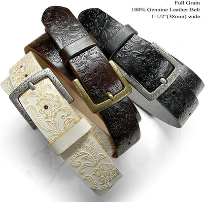 Cowboy Cowgirl Western Tooled Floral Embossed Full Grain Genuine Leather Belt Strap 1-1/2"(38Mm) Wide Apparel & Accessories > Clothing Accessories > Belts Belts.com   