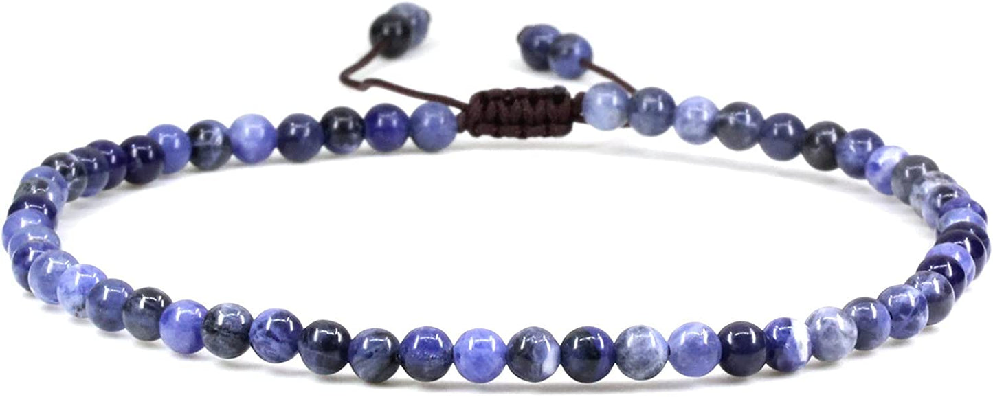 Keleny Natural Gemstone 4Mm round Bead Charm Stretch Anklet for Women Brown Rope Adjustable 8.6-11 Inch Apparel & Accessories > Jewelry > Anklets Kelenystones Blue Sodalite  