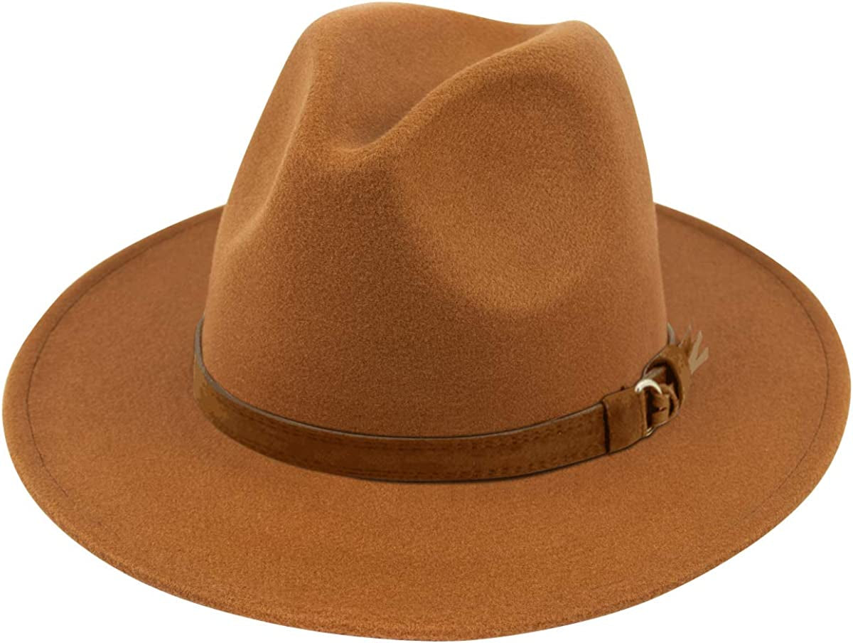 Lanzom Womens Classic Wide Brim Floppy Panama Hat Belt Buckle Wool Fedora Hat Apparel & Accessories > Clothing Accessories > Hats Lanzom Z Buckle Belt-khaki One Size 