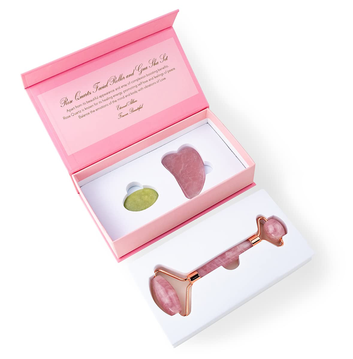 Rose Quartz Face Roller & Gua Sha | Eternal Allure 3-In-1 Jade Roller with Detailed Instructions Guide, Self Care Tools for Puffy Eyes, Face, Neck, Lymphatic Drainage, Fine Lines and Wrinkles - Includes Travel Pouch plus Mini Gua Sha Health & Beauty > Personal Care > Cosmetics > Cosmetic Tools > Skin Care Tools Eternal Allure   